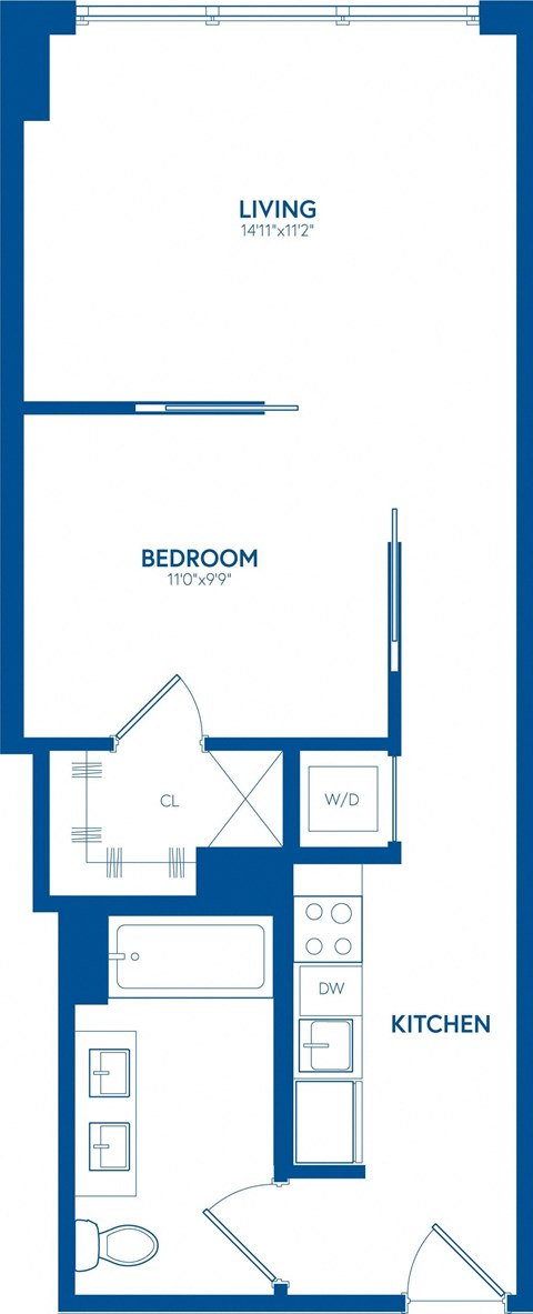 Floor plan for 1 bed, 1 bath, 601 sqft